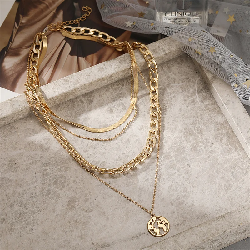 Vintage Multi-layer Simple Necklace Round Pendant Coin Fashion Portrait Chunky Chain Choker Necklaces Jewelry for Women