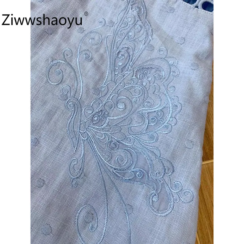 Ziwwshaoyu высокого класса бабочка точка вышивка хлопок лен синее платье женские фонари рукавом осенние вечерние модные платья