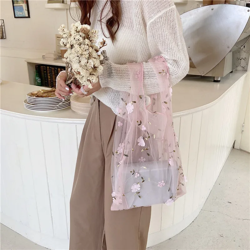 

2020 New Handmade Flower Embroidery Hand Bag Casual Tote Mesh Shoulder Bag Lady Travel Shopping Bags Woman Handbags DROPSHIP