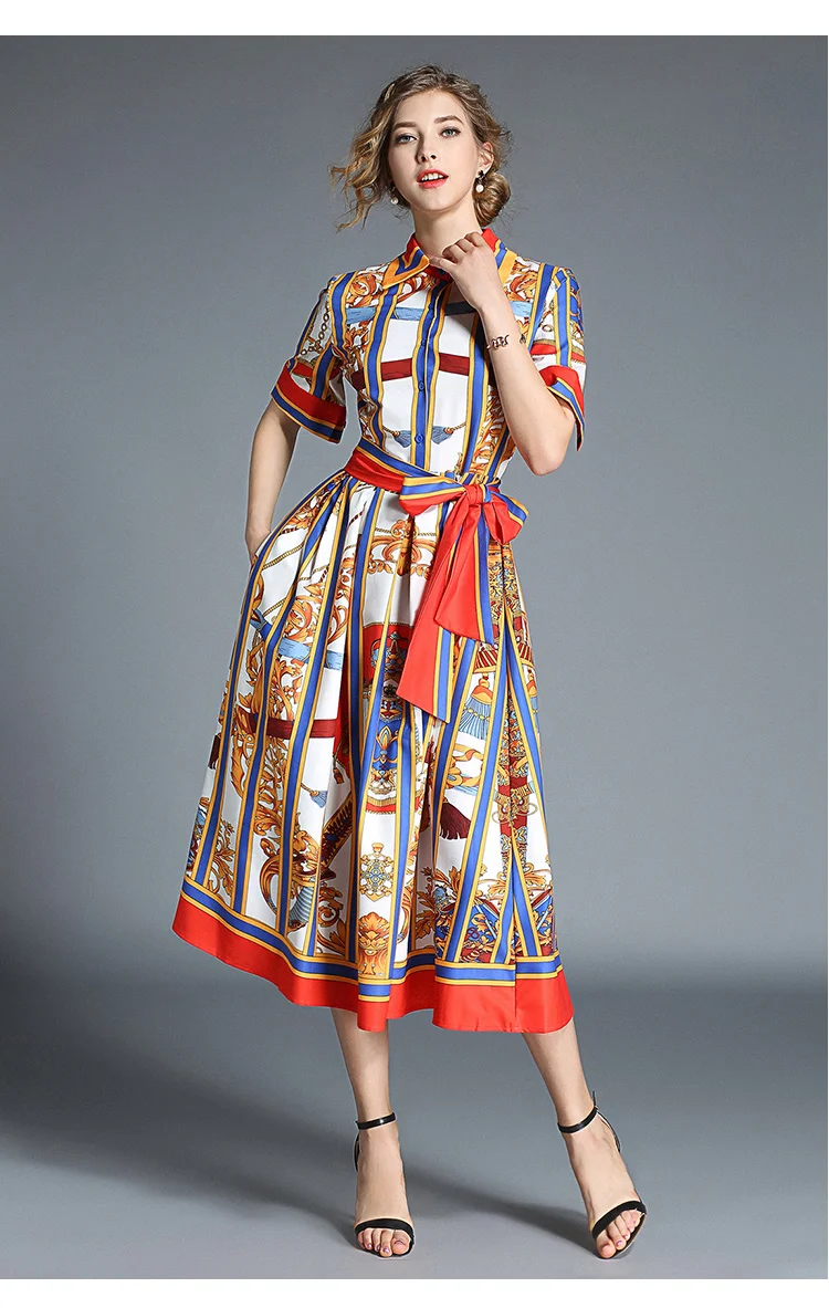 high quality summer newest runway designer dress women's short sleeve shirt collar floral printed bow long Dress
