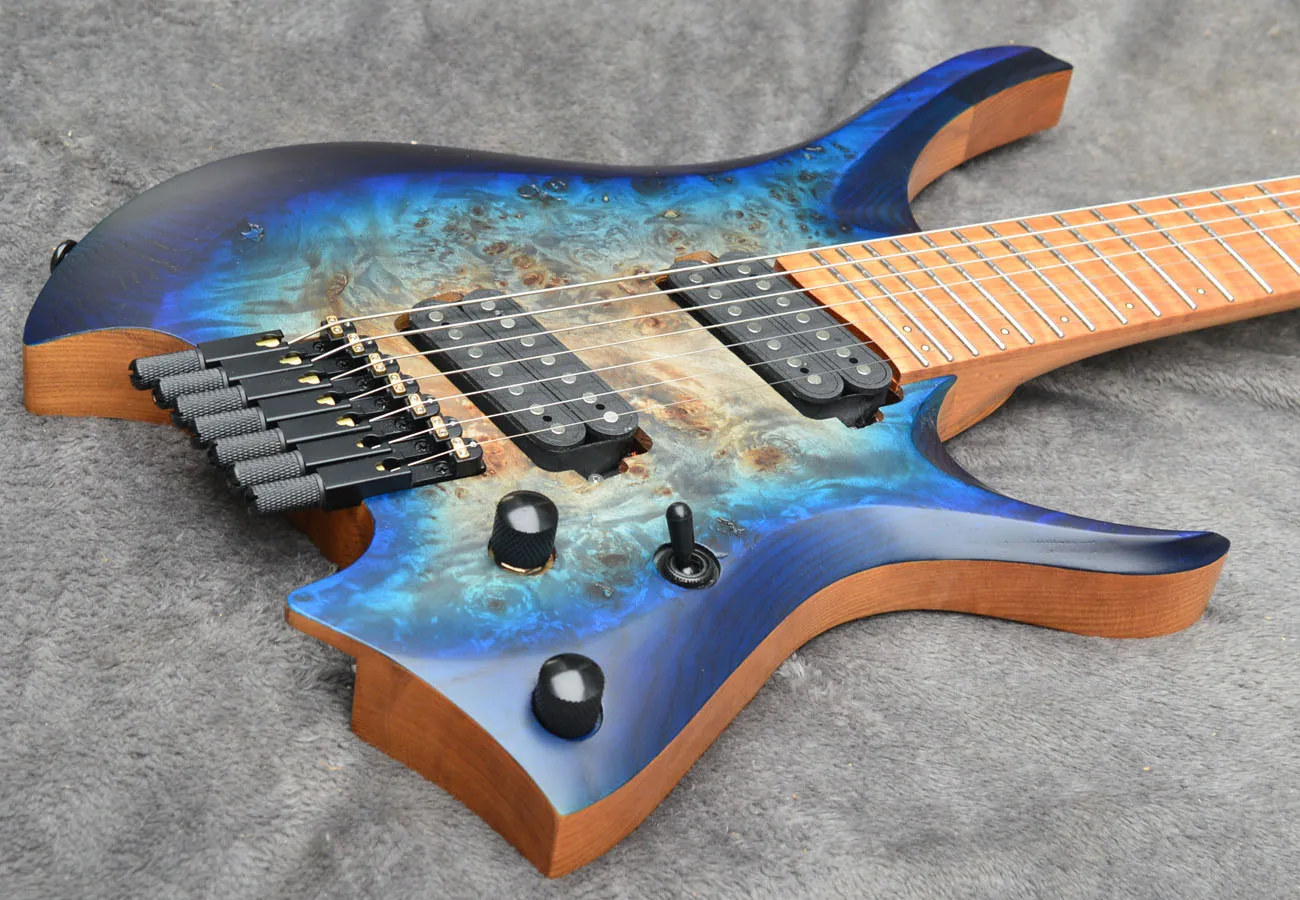 7 Strings Headless Electric Guitar Fanned frets Roasted Maple Neck Ergonomic asymmetric neck blue burst color headless electric guitar