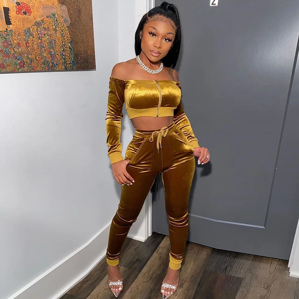 

Adogirl 2020 Spring Velvet Two Piece Set Off Shoulder Long Sleeve Crop Top Pencil Pants Women Tracksuit Fashion Suits