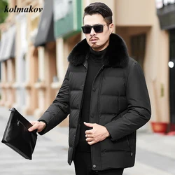 New Arrival Winter Style Men Boutique Warm White Duck Down Coat Business Casual Solid Thick Detachable Fur Collar Men's Coat