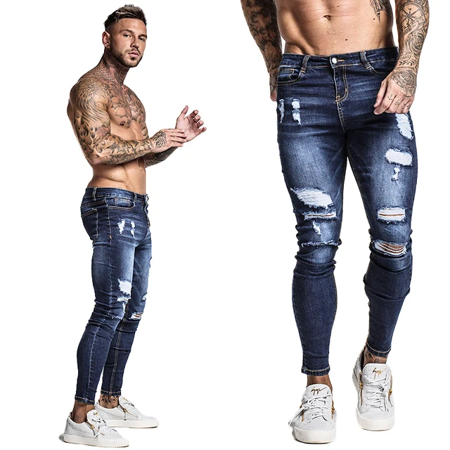 GINGTTO Jeans Men Elastic Waist Skinny Jeans Men 2020 Stretch Ripped Pants Streetwear Mens Denim Jeans Blue blue zm34