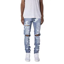 Pantalones vaqueros bordados acolchados para hombre, jeans ajustados rasgados de rejilla, elásticos, de cintura elástica para trotar, informales con agujeros