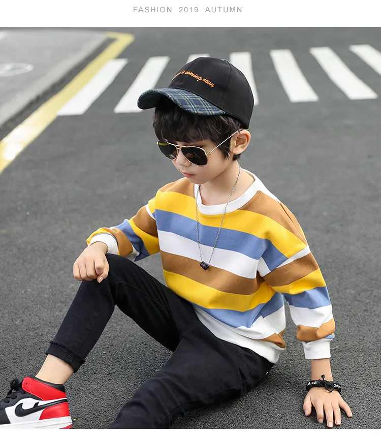 Children t-shirts boy clothes long sleeve coats red green yellow stripe Tshirts teens boys kid sweatshirt 4-14 years tops tees
