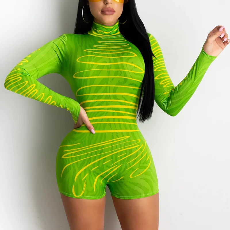 Stand Collar Print Summer Sexy Bodycon Rompers Womens Jumpsuit Playsuit Zipper Skinny Long Sleeve Ladies Short Jumpsuit Female