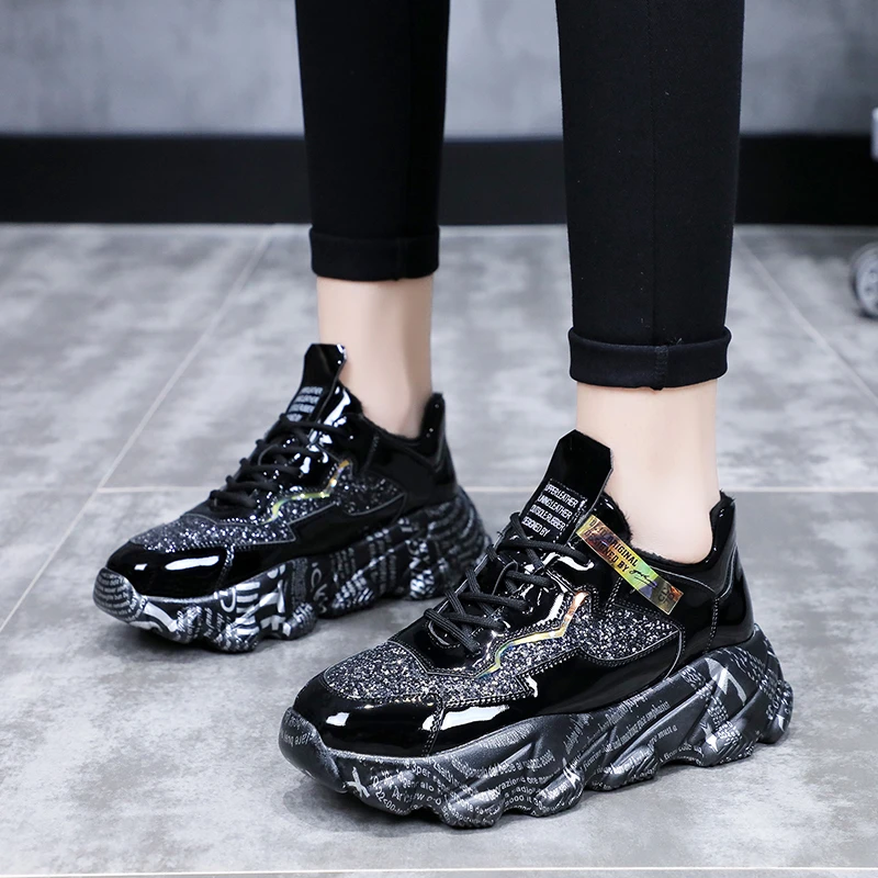 落書き唯一スパンコールブラックプラットフォームスニーカー女性カジュアルシューズ光沢のある厚いソールスニーカー流行分厚いトレーナー女性 レディースヴァルカナイズシューズ Aliexpress