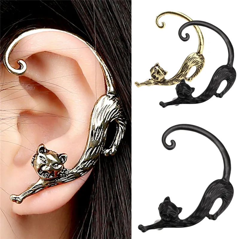 Одиночные серьги в стиле панк золотые/Серебристые/черные с кошачьими ушками