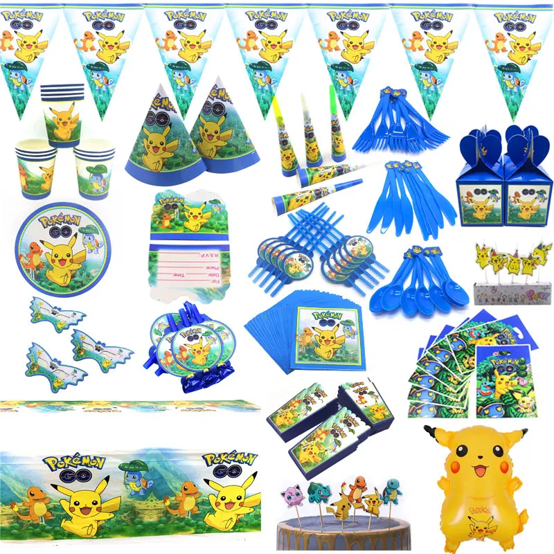 Pokemon Birthday Party Supplies Tableware Set Party Paper Plates Cup Napkins Pokemon Party Balloon Decorations Hats Flags Candle
