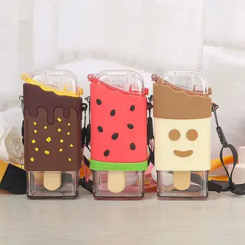 

Ice Cream Plastic Water Bottle With Straw With Strap Creative Square Watermelon Cup Leakproof Tritan Bottle BPA Free Cute Cup