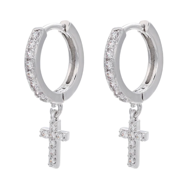 ZHUKOU 2021 NEW Gold/Silver color small hoop Earrings crystal mini cross hoop earrings for women Fashion jewelry wholesale VE355 silver white