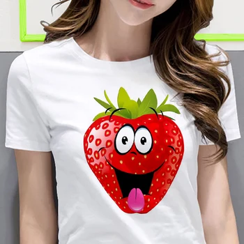 

New women vogue Cute strawberry apple funny print Tshirt Fashion Casual white T Shirt Summer Harajuku Short sleeve white T-shirt