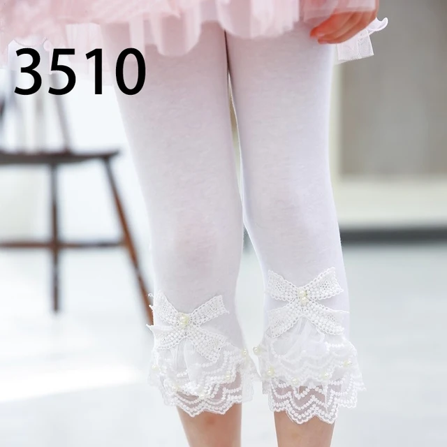 High Quality 2021 New Summer Girls Leggings Pants Lace Cotton Children Clothing Flower Girl Knee Pants 3510 White