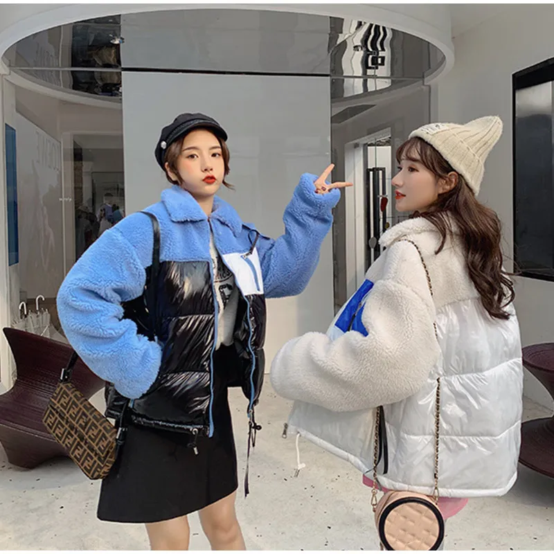 Winter Faux Fur Women's Cotton Coats Patchwork Warm Female Coat Short Plush Long Sleeve Turn-down Collar Ladies Jacket