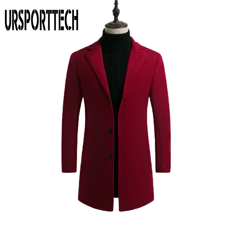 

URSPORTTECH Men Wool Blend Coats Autumn Winter Solid Color Windbreaker High Quality Men's Wool Jacket Luxurious Brand Clothing