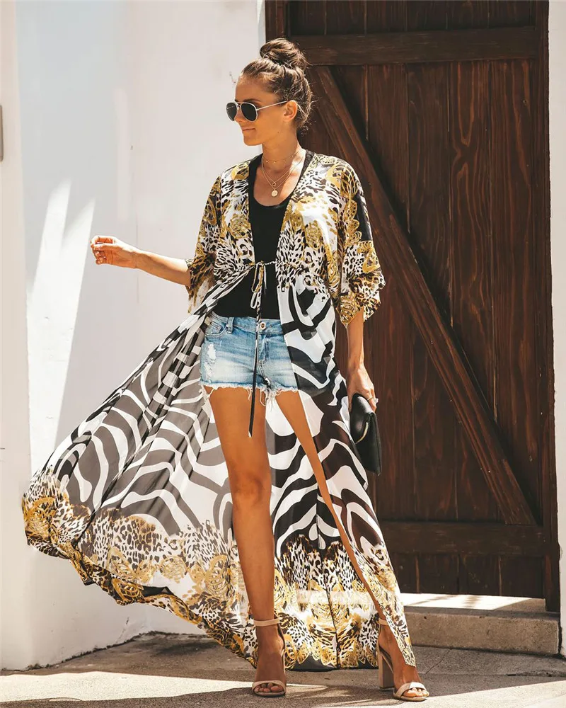 

Print Chiffon Beach Cover up Tunics for Beach Long Kaftan Bikini Cover up Robe de Plage Sarong Beach Swimsuit coverup
