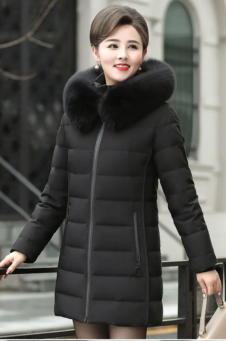 White Duck down WOMEN'S down Jacket Mom New Style Middle-aged down Jacket Women's Mid-length Fox Fur Collar Coat