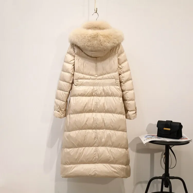 Большой натуральный Лисий мех с капюшоном зимняя куртка для женщин 90% белый утиный пух толстые парки теплый пояс завязывать снежное пальто