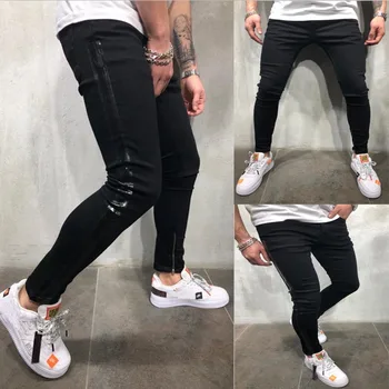

Mens 2020 New Pants Zipper Ripped Skinny Destroyed Frayed Slim Fit Denim Pants Long Trousers