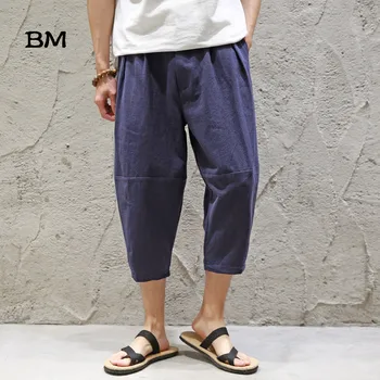 

Summer Chinese Style Casual Pants Men Fashions Wide Leg Cotton Linen Loose Short Harem Trousers 2019 Thin Clothes Baggy Pants