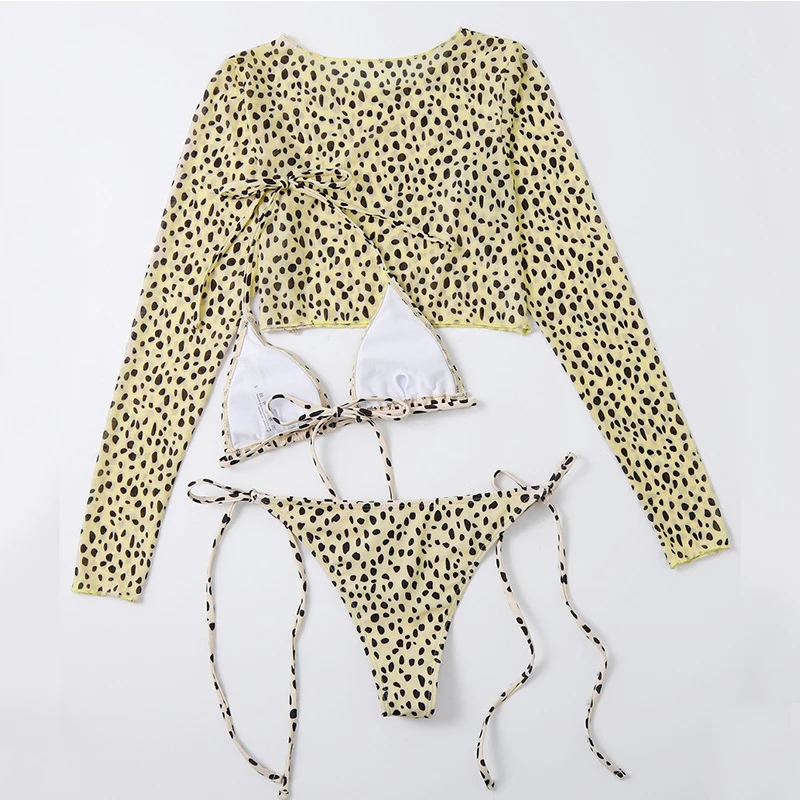 In-X Leopard print 3 pieces set Long sleeves swimsuit women's swimming Sexy bikini 2022 Low waist swimwear women bathing suit bandeau bikini set