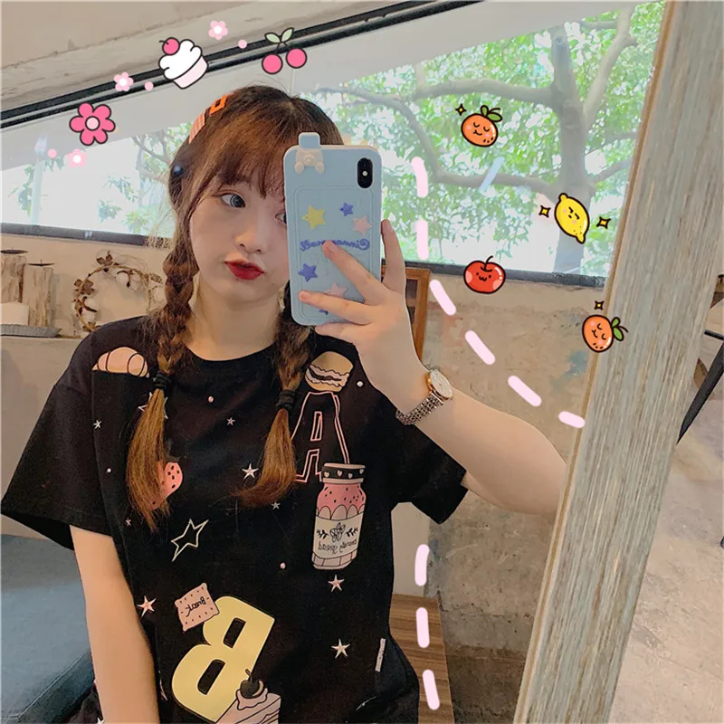 Lychee Harajuku клубника печати свободная женская летняя футболка короткий рукав женская футболка вырез лодочкой женские футболки