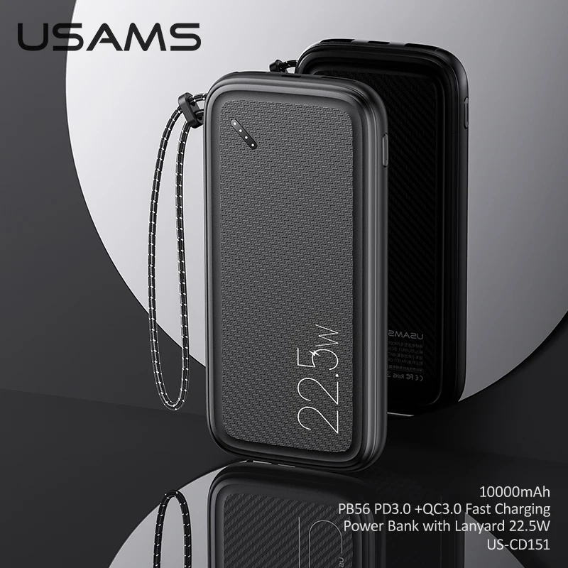 USAMS 10000mAh Power Bank 22.5W Fast Charging Portable Charging External Battery Charger Pack Powerbank For iPhone Huawei Xiaomi