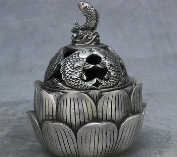 

11CM Chinese Silver Auspicious Animal Wealth Fish Statue Incense Burner Censer