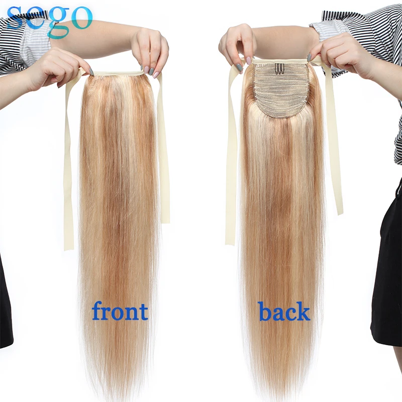 SEGO 16"-20" Pure and Piano Color Non-Remy Hair Ribbon Ponytail Clips-in Human Hair Extensions Horsetail Natural Straight Hair