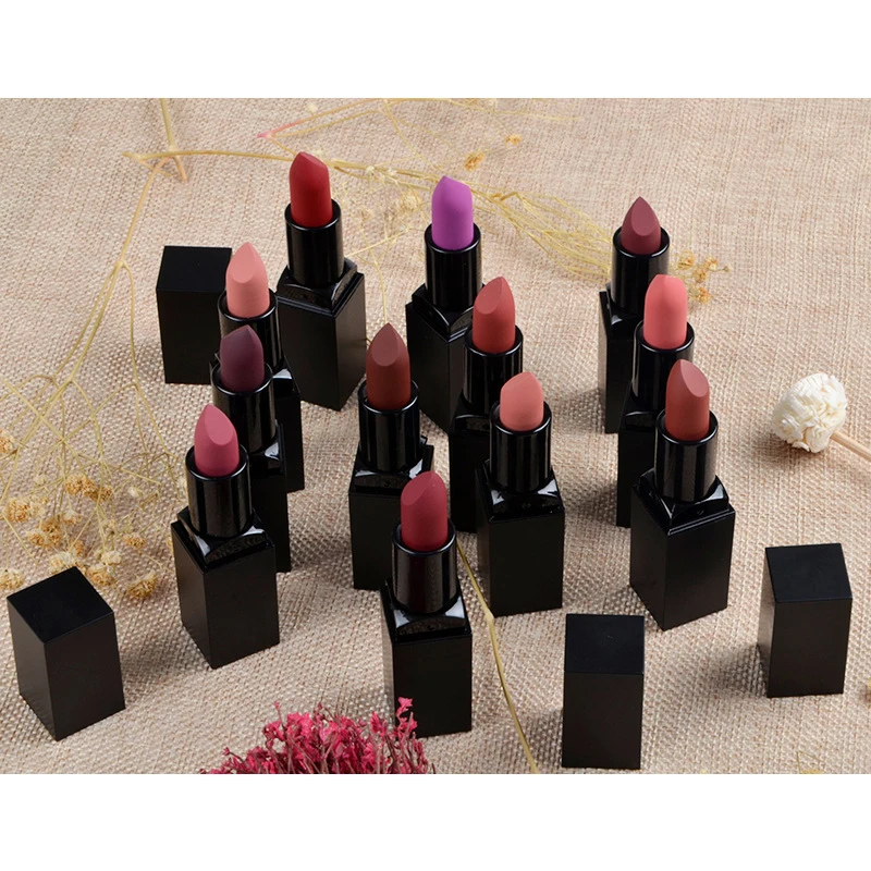 

20 Colors Wholesale Black Tube Women Lipstick Waterproof Long Lasting Cosmetic Vegan Private Label Matte Nude Lipstick