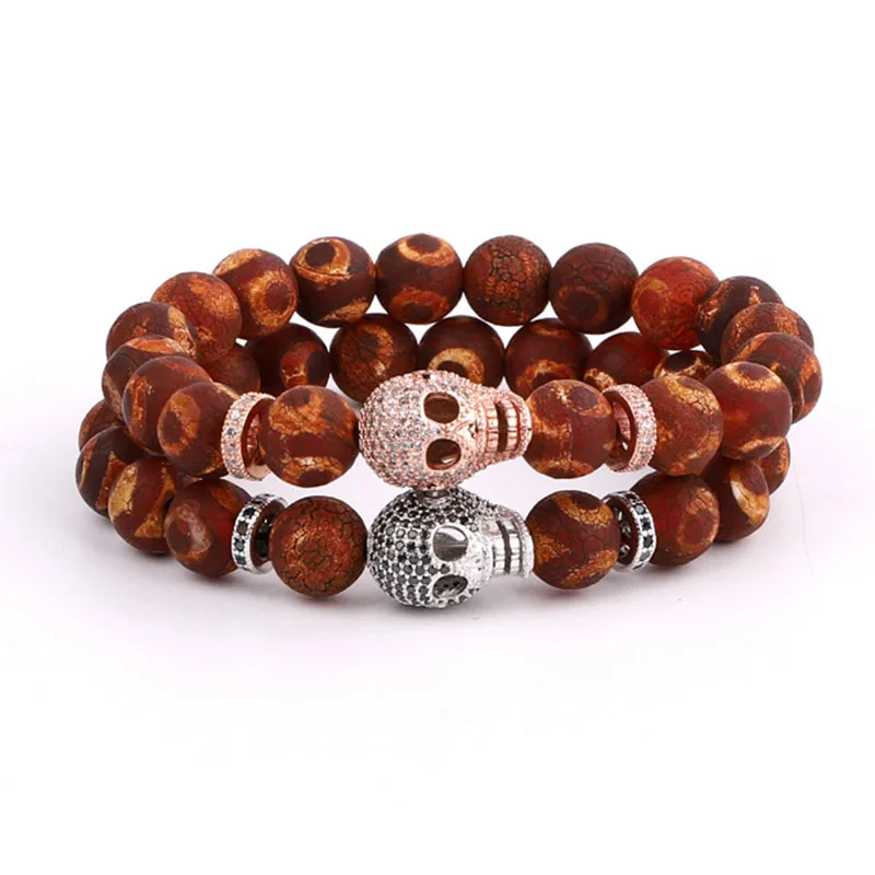 New Men Bracelet Big CZ Skull Charm Natural Stone Beads Stretch Bracelet Men Large Bracelet - Image 3