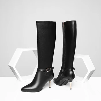 

Quality Genuine Leather Female Motorcycle Boots Thin High Heels Women Knee High Boots buckle Winter Shoes Woman
