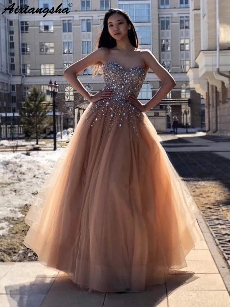 

A Line Sweetheart Neck Beaded Bodice Tulle Skirt Champagne Long Prom Dresses 2019 Evening Party Gowns