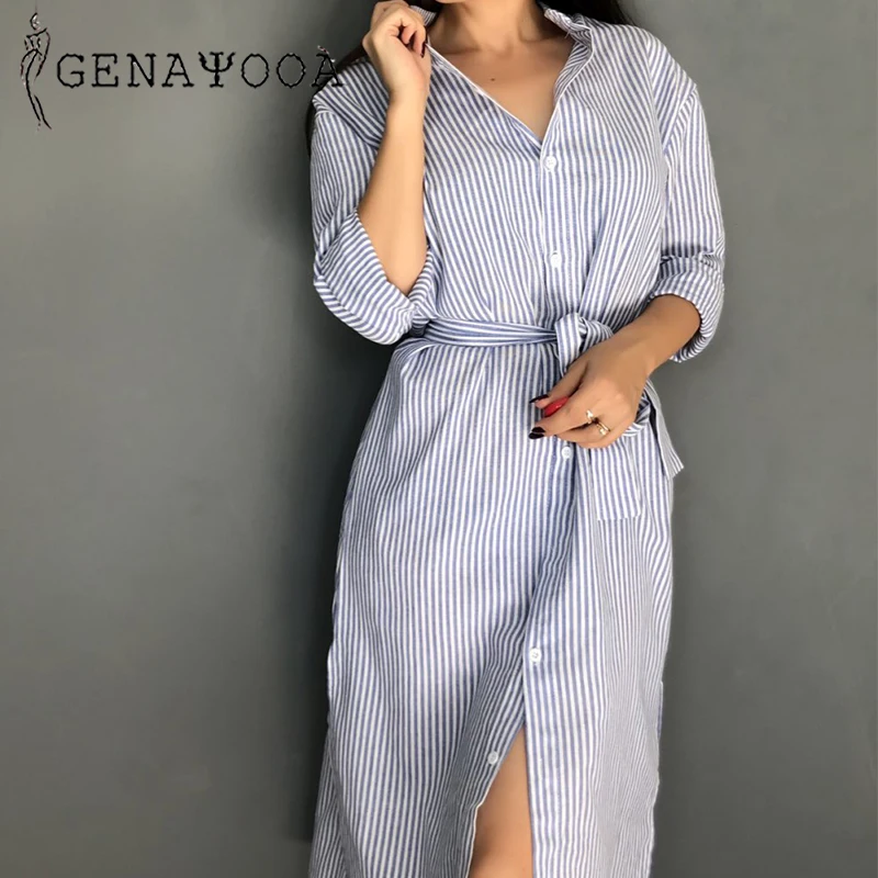 

Genayooa Autumn Sexy V-neck Button Split Women Shirt Dress Cotton Casual Stripes Midi Dresses Elegant Party Dresses Streetwear