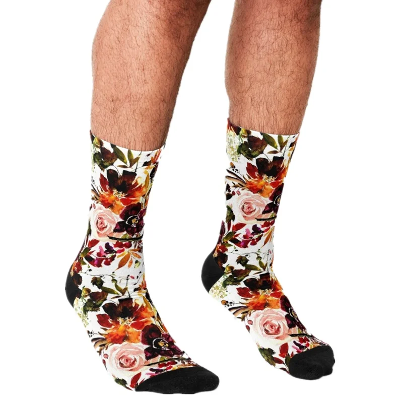 Funny Men's socks Fall Floral Watercolor Pattern Printed hip hop Men Happy Socks cute boys street style Crazy Socks for men