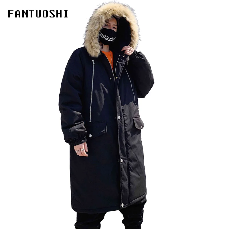 Зимнее мужское длинное пальто, модная Толстая теплая приталенная Повседневная куртка с капюшоном, с длинным рукавом, с принтом, высокое качество, хлопковая куртка черного цвета