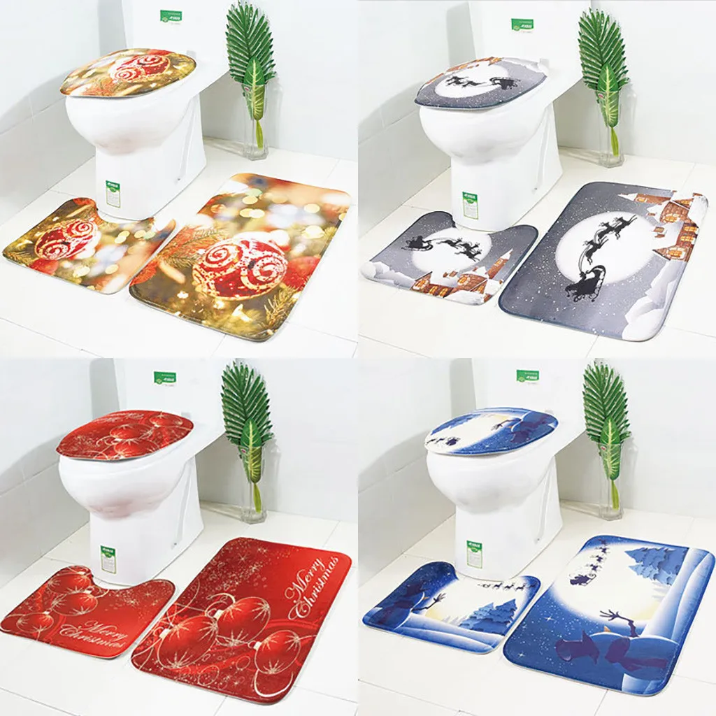 

3PC Toilet Cover Seat Christmas Snowman Santa Claus Print Toilet Soft Bathroom Mat Floor Mat Carpet WC Cover Decoration M850#