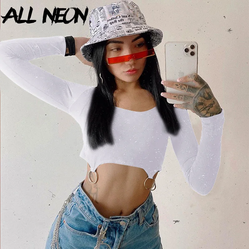 ALLNeon E-girl Aesthetics Slim Ring O-neck Cropped Tops Y2K Fashion Solid Long Sleeve Black T-shirts 90s Streetwear Vintage Fall