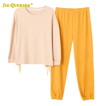 

Soft New Long Sleeve Long Pants Sleepwear Fashion Style Casual Style Pj Set Woman Clothes Crew Neck Pajamas Woman Solid Ladies