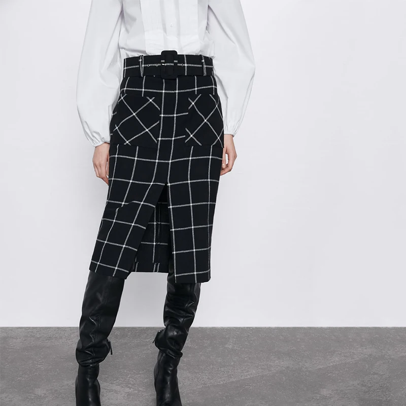 ZA Houndstooth юбка с высокой талией Женская клетчатая миди зимняя элегантная Офисная