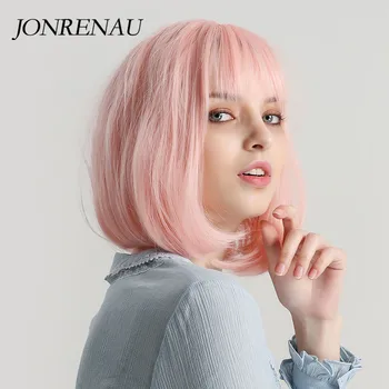 JONRENAU 12 inches  Short Straight Synthetic Bob Wigs with Bangs  for Women Fashion Pink Party Wig or Cosplay 3