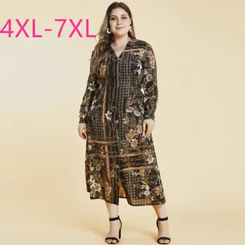 

2020 spring autumn plus size long dress for women large loose long sleeve print chiffon button V neck dresses 4XL 5XL 6XL 7XL