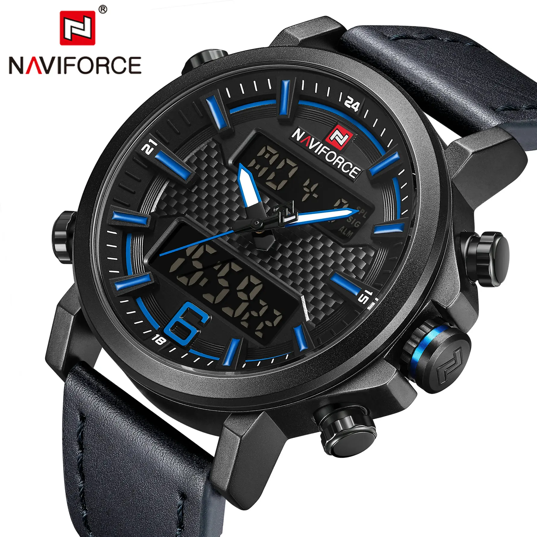 NAVIFORCE, повседневные часы, мужские кварцевые часы с двойным временем, мужские часы, Топ бренд, роскошные часы с календарем, аналоговые цифровые наручные часы с кожаным ремешком