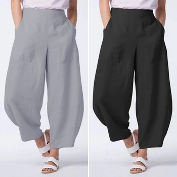 

ZANZEA Women Wide Leg Pants 2020 Fashion Female Casual Elastic Waist Trousers Office Lady Loose Pockets Streetwear Plus Size 5XL