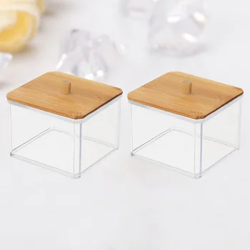 

2PCS Transparent Cotton Swab Holder Acrylic Cotton Pads Dispenser Bamboo Cover Cosmetics Container Makeup Storage Holder