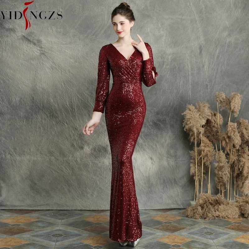 YIDINGZS вечернее платье с золотыми блестками, элегантное вечернее платье с длинным рукавом YD16255