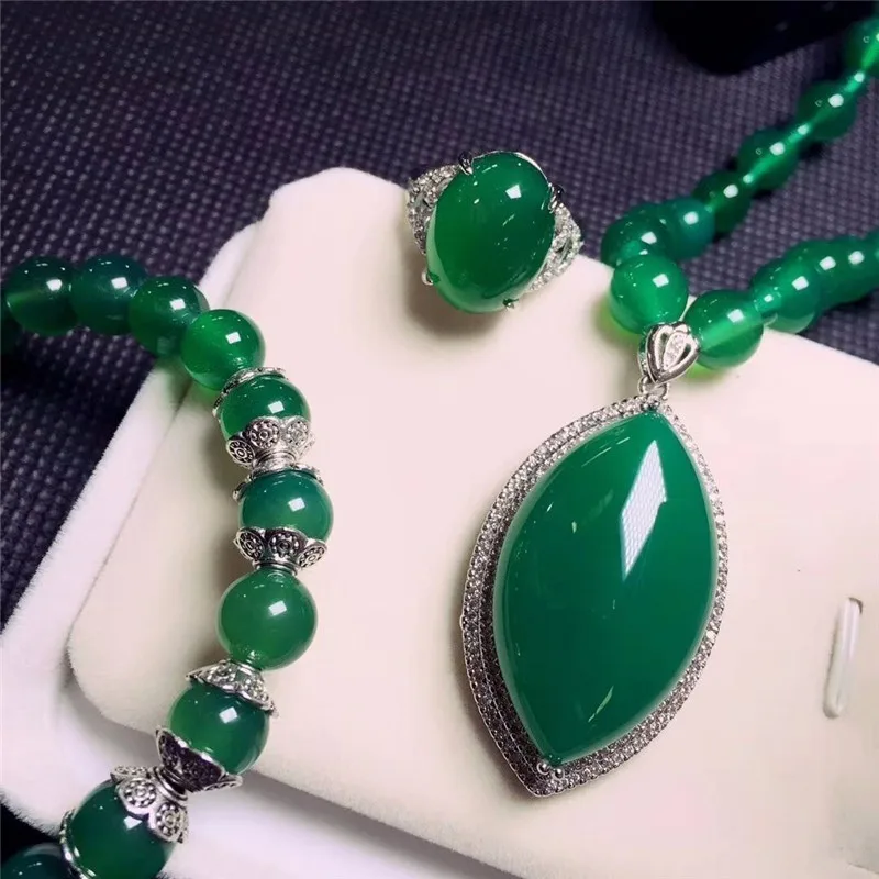 LETSFUN Fine Jewelry 925 серебро инкрустированная натуральная Подвеска из зеленого халцедона ожерелье кольцо браслет набор подарки