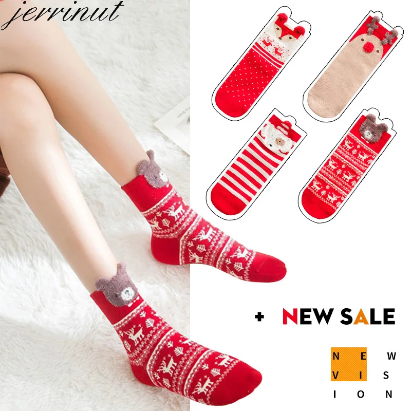 Jerrinut4 пары теплые зимние рождественские мягкие хлопковые носки шерстяные забавные Женские носочки с принтом милого Санта-Клауса, оленя, новогодние носки