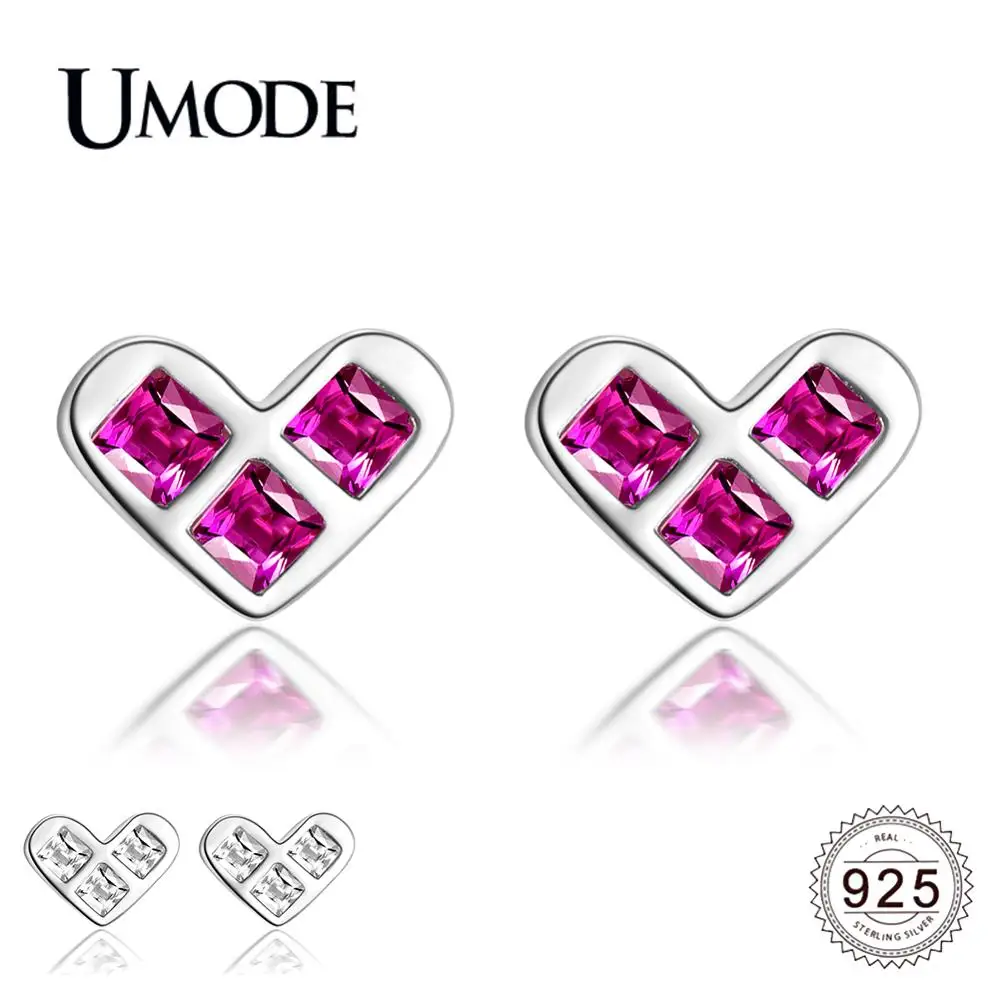 

UMODE 2019 New 925 Sterling Silver Heart Stud Earrings for Women Clear Pink Square Zircon Jewelry Brincos Bijoux Femme ALE0618